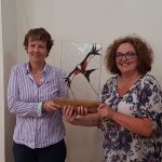 stained glass panel depicting a red kite on a solid Myddfai oak stand, presented to HRH Prince Charles