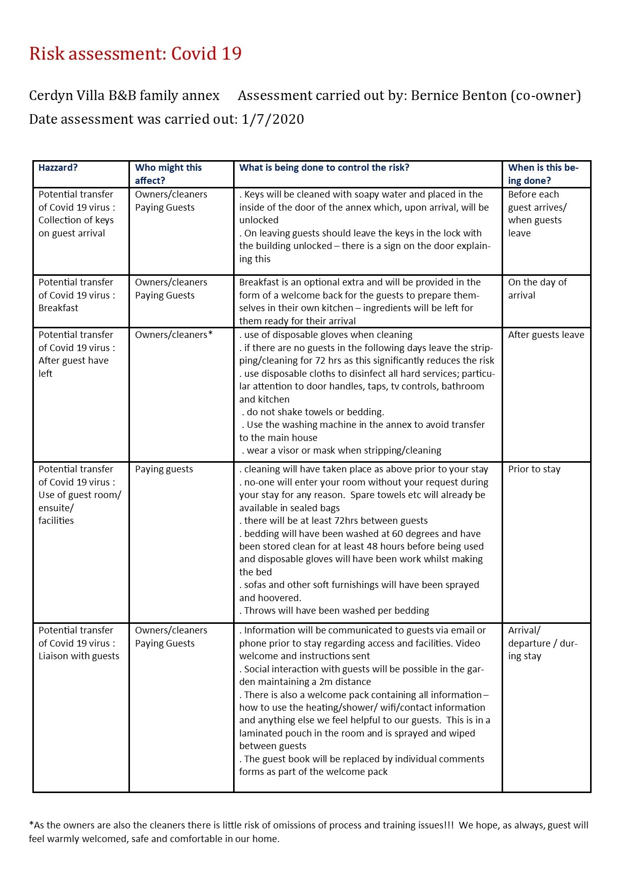 risk assessment covid 19